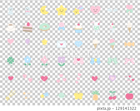 Vector illustration of a cute icon set. Ornaments, hearts, sweets, stars, ribbons Vector illustration of a cute icon set. Ornaments, hearts, sweets, stars, ribbons 129141322