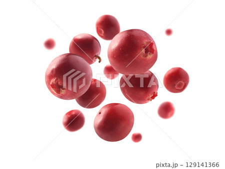 Red cranberry berries levitate on a white background Red cranberry berries levitate on a white background 129141366