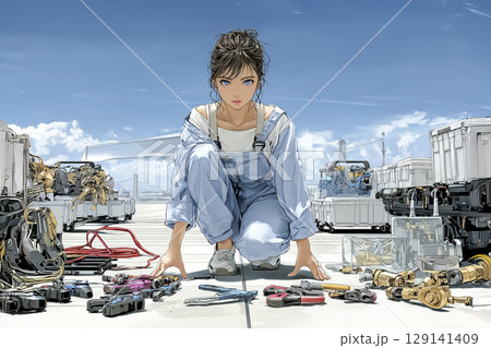 工具を並べて整備する女性エンジニアのイラスト素材 129141409