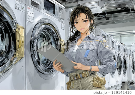 コインランドリーで洗濯機のメンテナンスをする女性 129141410