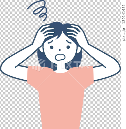 一名年輕女子的上半身痛苦地抱著頭 129141482
