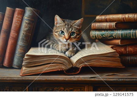 cute kitten in a libraryのイラスト素材 [129141575] - PIXTA