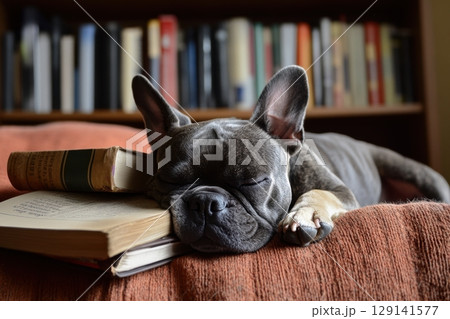 french bulldog puppy reading book in library 129141577