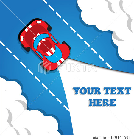 The car on a blue background is moving on the highway. View from above. Vector illustration. 129141592