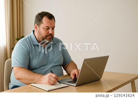 在宅勤務する太った中年男性 – Overweight Middle-aged Man Working 129141624