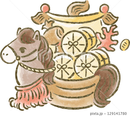 年賀状　年賀2026　宝船　午年　午　馬　うま　水彩　手描き　かわいい　正月　和風　イラスト素材 129141780
