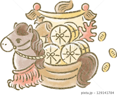 年賀状　年賀2026　宝船　午年　午　馬　うま　水彩　手描き　かわいい　正月　和風　イラスト素材 129141784