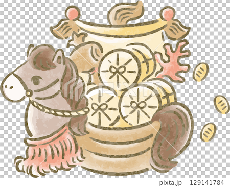 年賀状　年賀2026　宝船　午年　午　馬　うま　水彩　手描き　かわいい　正月　和風　イラスト素材 129141784