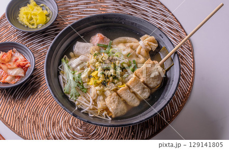 noodles with meat in soup 129141805