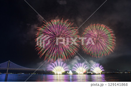 beautiful fireworks on the river 129141868
