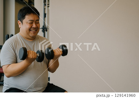 ダンベルで運動する日本人中年男性 – Japanese Middle‑aged Man 129141960