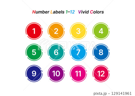 カラフルな丸型ナンバーフレーム 1〜12・ビビッドカラー・番号ラベル素材（ベクター） 129141961