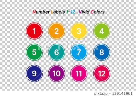 カラフルな丸型ナンバーフレーム 1〜12・ビビッドカラー・番号ラベル素材（ベクター） 129141961