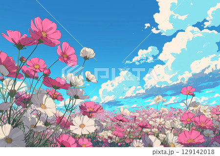 コスモス舞う秋空の風景｜アニメ風の幻想的な花畑イラスト 129142018