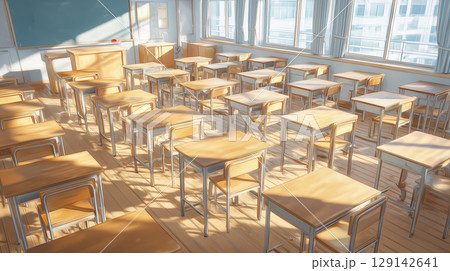 朝の光が差し込む教室｜懐かしさと静けさを感じる学びの空間 129142641