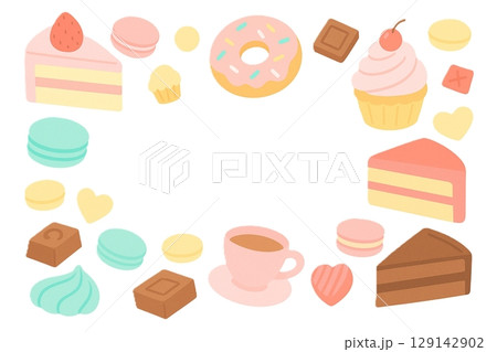 カラフルな洋菓子が並ぶふんわりとした可愛らしいスイーツの背景イラスト 129142902