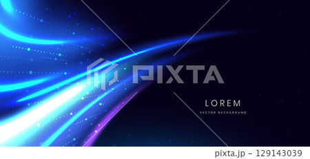 Futuristic blue and purple glowing curved rays on dark background with lighting effect and sparkle. 129143039
