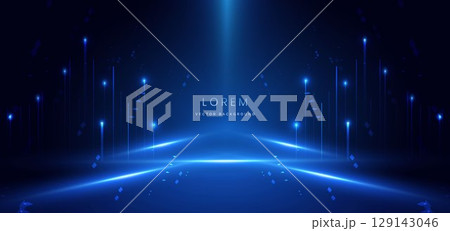 Futuristic glowing blue beam on dark blue background. 129143046