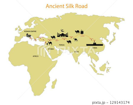 illustration of history and trading, Ancient Silk Road, silk trade with China, The Silk Road was a network of trade routes connecting China and the Far East with the Middle East and Europe 129143174