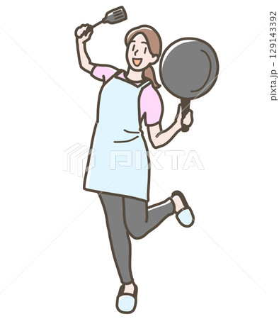フライパンとフライ返しを持って楽しそうな女性のイラスト 129143392