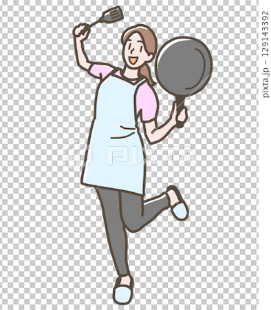 フライパンとフライ返しを持って楽しそうな女性のイラスト 129143392