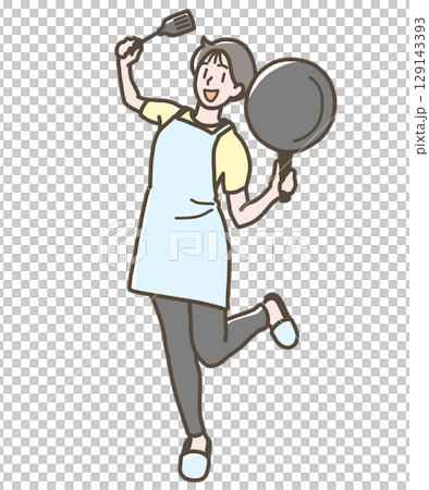 フライパンとフライ返しを持って楽しそうな女性のイラスト 129143393