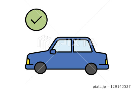 車検に合格したセダン車とチェックマーク、シンプルでかわいい線画アイコン 129143527