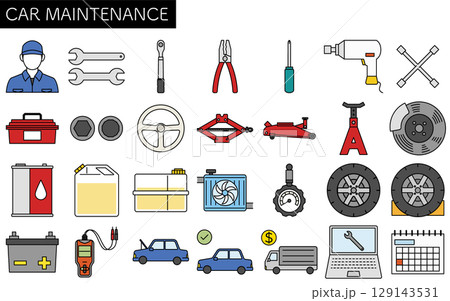 自動車整備のシンプルでかわいい線画アイコン、 自動車整備のシンプルでかわいい線画アイコン、 129143531