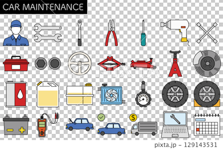 自動車整備のシンプルでかわいい線画アイコン、 自動車整備のシンプルでかわいい線画アイコン、 129143531
