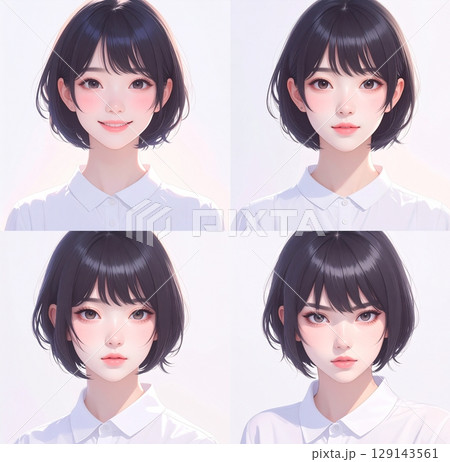 ショートヘアの女性・アニメ風ポートレート4種セット（喜怒哀楽） 129143561