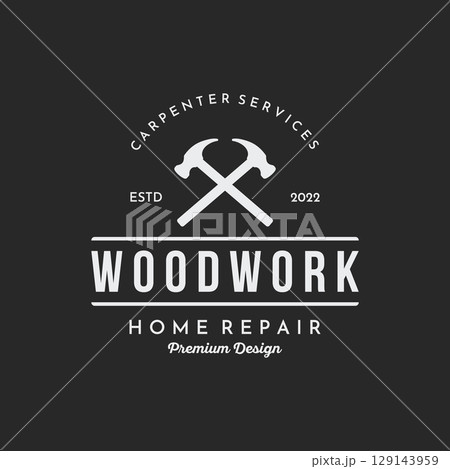 Retro vintage crossed hammer and nails logo template design.Logo for home repair service, carpentry,badges, woodworking. Retro vintage crossed hammer and nails logo template design.Logo for home repair service, carpentry,badges, woodworking. 129143959