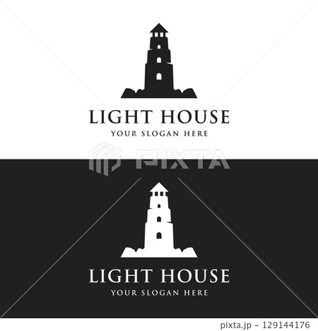 Sea harbor lighthouse tower logo design creative building with spotlights vintage vector template. 129144176