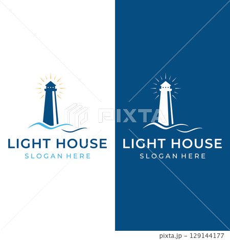 Sea harbor lighthouse tower logo design creative building with spotlights vintage vector template. 129144177
