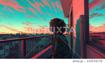 ベランダで夕焼けを見つめる女性 ベランダで夕焼けを見つめる女性 129144178