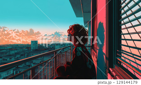 ベランダで夕焼けを見つめる女性 129144179