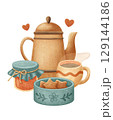A cozy tea set with a teapot, a cup, a jar of jam, and a plate of cookies 129144186