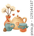 A cozy still life featuring a teapot, a cup of tea, a jar with a lid, and a vase with cotton flowers 129144187