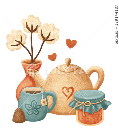 A cozy still life featuring a teapot, a cup of tea, a jar with a lid, and a vase with cotton flowers 129144187