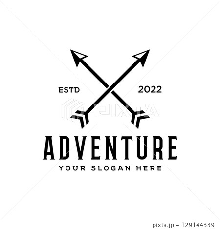 Retro vintage adventurer Logo design with arrow, mountain and compass concept.Logo for climber, adventurer, label and business. Retro vintage adventurer Logo design with arrow, mountain and compass concept.Logo for climber, adventurer, label and business. 129144339