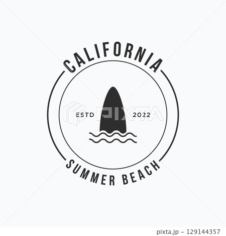 Summer Surfing california logo template retro vintage with surfboard and waves concept.Logo for label, summer holiday, business, badge. 129144357