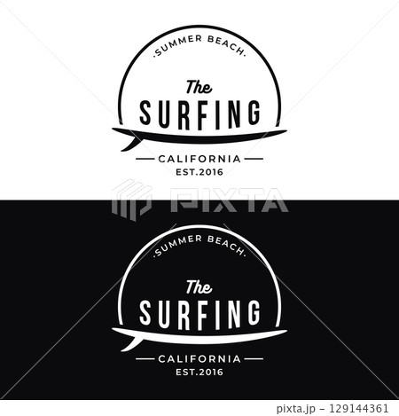 Summer Surfing california logo template retro vintage with surfboard and waves concept.Logo for label, summer holiday, business, badge. 129144361