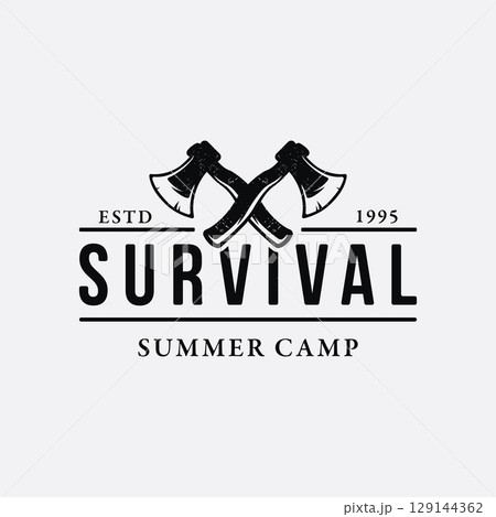 Adventure survival ax logo design with vintage hipster campfire for camping, adventure and labels. 129144362