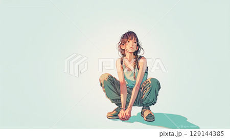 ヘッドフォンをしてしゃがむ女性 129144385