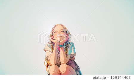 頬杖をついて上を見上げる女性 129144462