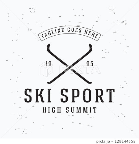 Retro ski sport template Logo element on vintage winter, with skis and mountain.Logo for ski sport, club, badge and label. 129144558