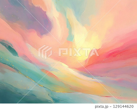 パステルカラーの絵の具と金色のラメが輝く幻想的な抽象画の背景2 129144620