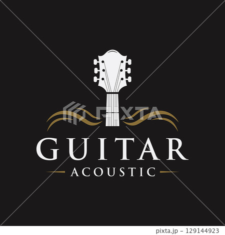 Retro guitar music logo template design. Logo for acoustic, bar, typography and nightclub. 129144923