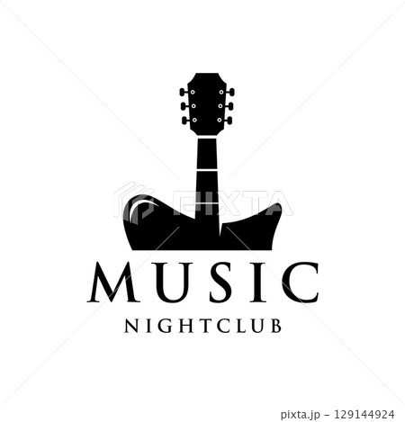 Retro guitar music logo template design. Logo for acoustic, bar, typography and nightclub. 129144924