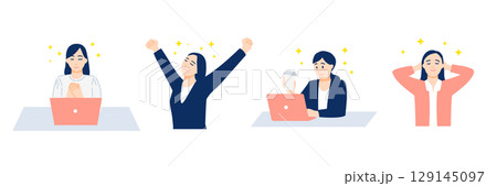 ストレスフリーでリラックスした表情の女性のイラストセット 129145097
