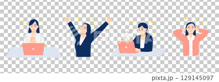 ストレスフリーでリラックスした表情の女性のイラストセット 129145097